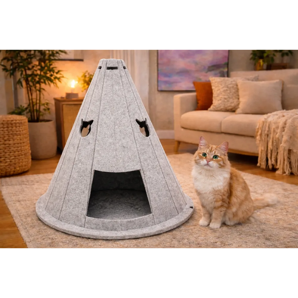 Evde çinçin keçe kedi evi